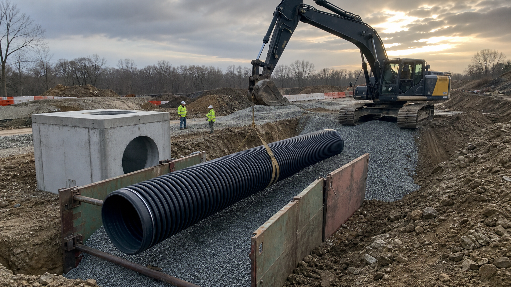 Civil crew installing large storm drainage pipe with an excavator