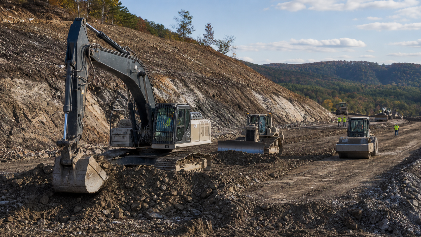 Heavy equipment performing roadway and infrastructure earthwork