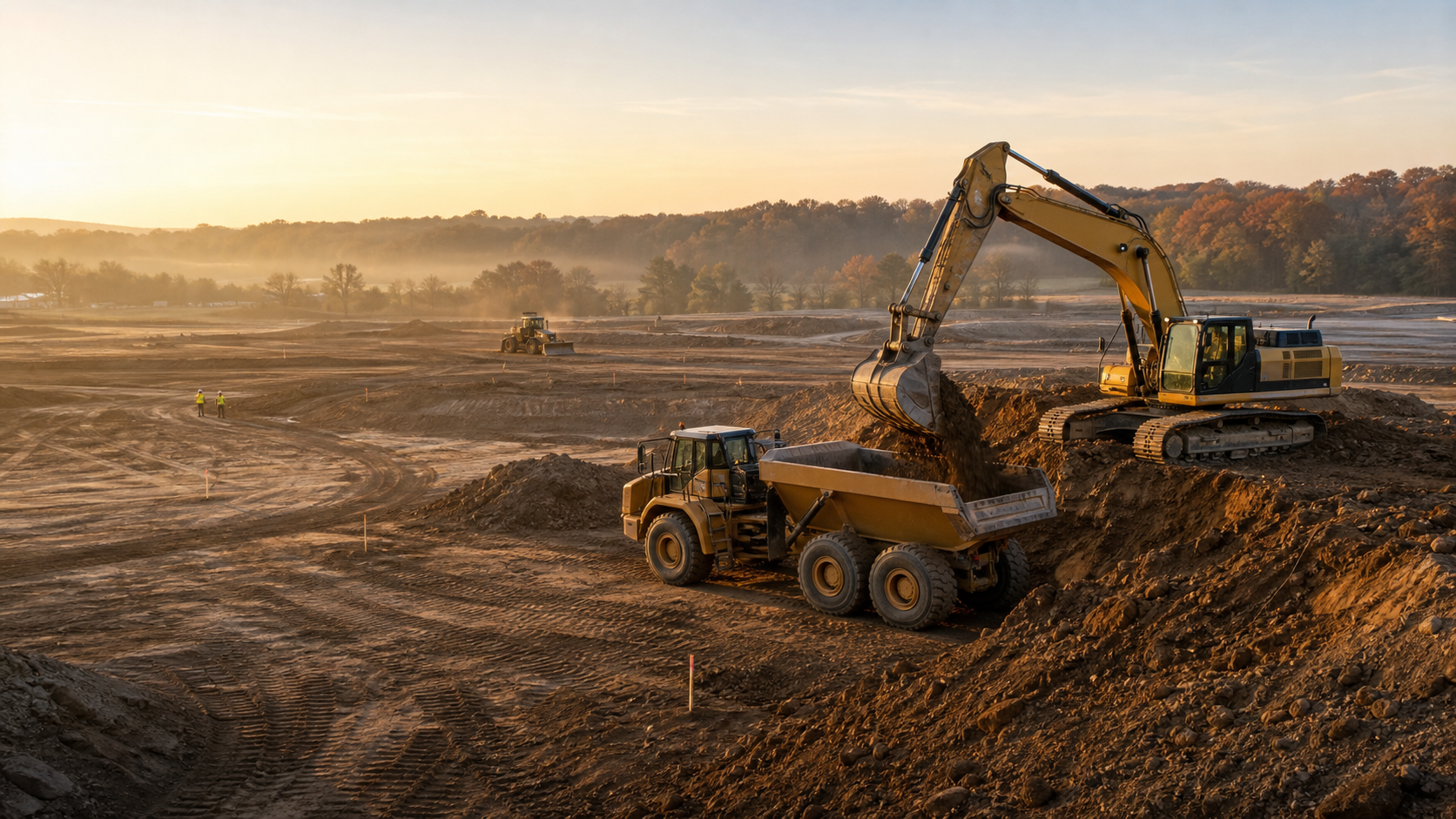 Excavator and articulated truck performing mass excavation on a commercial site